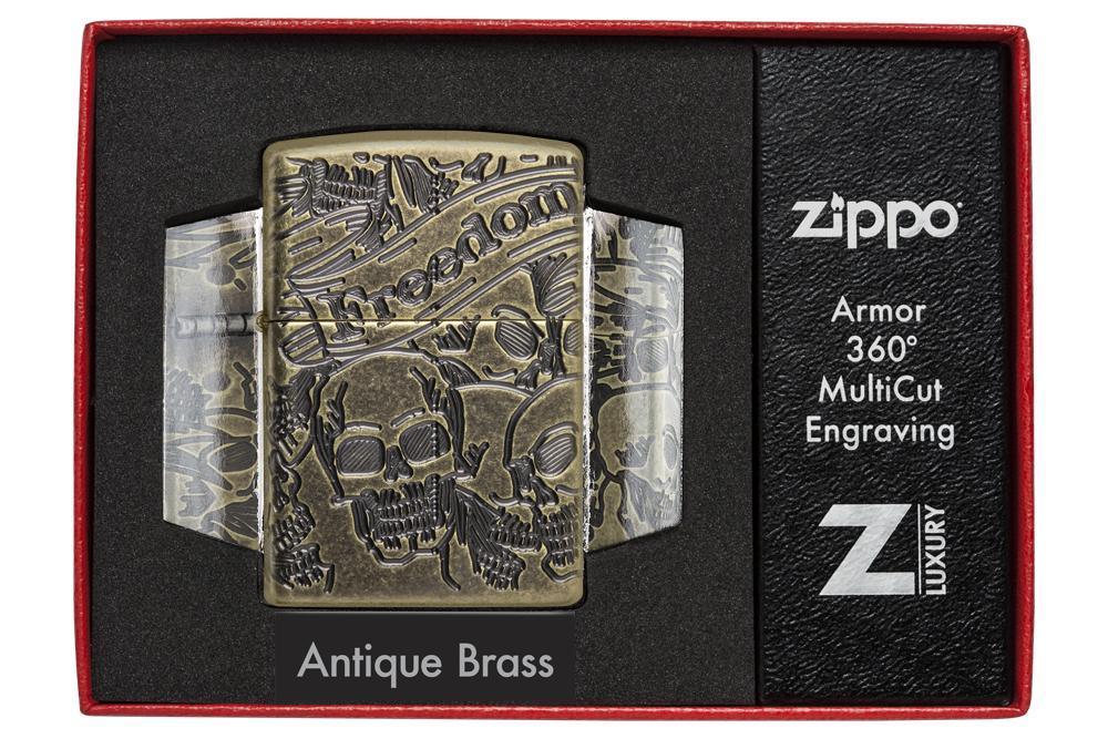 Zippo Lighter - Armor® Freedom Skull Antique Brass - Lighter USA