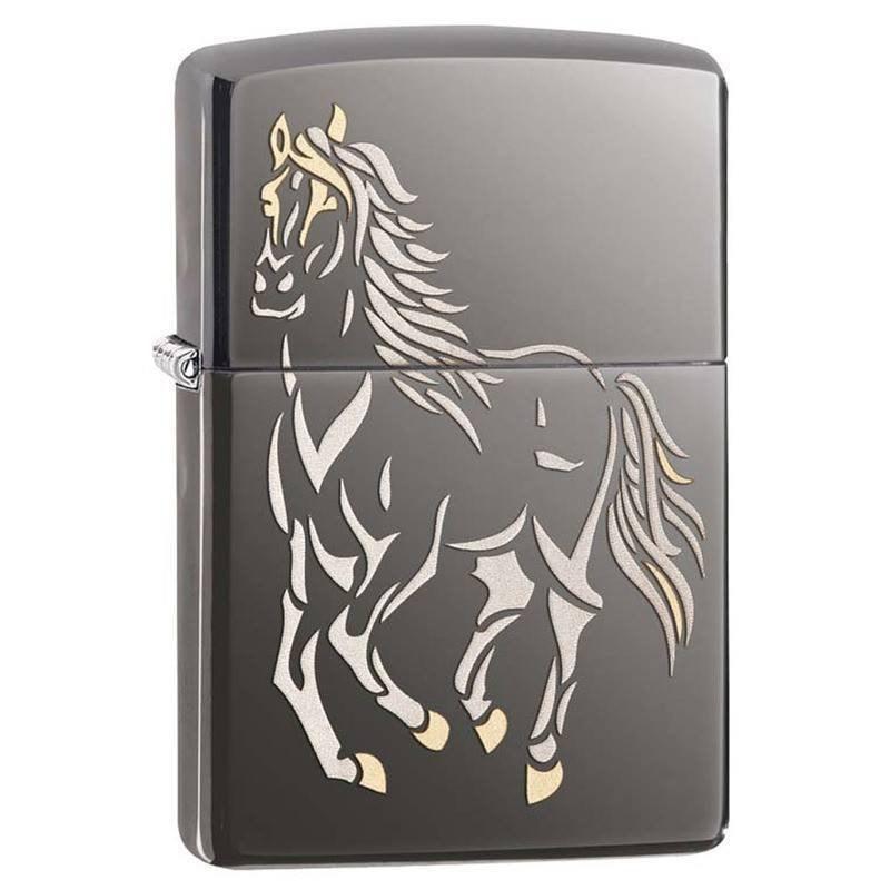 Zippo Lighter - Running Horse Black Ice Finish - Lighter USA