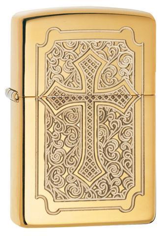 Zippo Lighter - Eccentric Cross High Polish Brass - Lighter USA