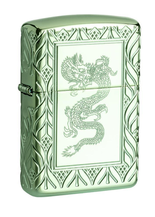 Zippo Lighter - Elegant Dragon Armor High Polish Green - Lighter USA