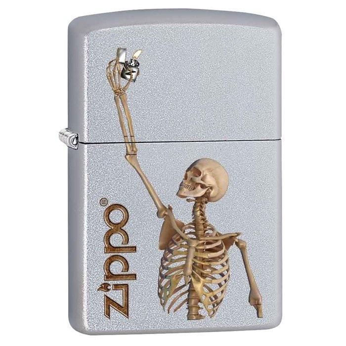 Zippo Lighter - Skeleton Holding Zippo Satin Chrome - Lighter USA