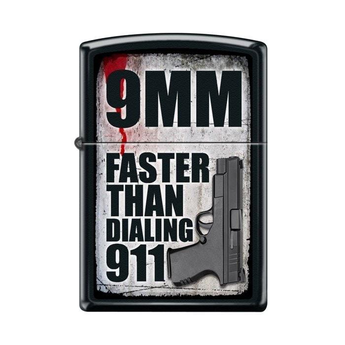 Zippo Lighter - 9MM Faster Than Dialing 911 Black Matte - Lighter USA