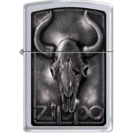 Zippo Lighter - Bull Skull Satin Chrome - Lighter USA