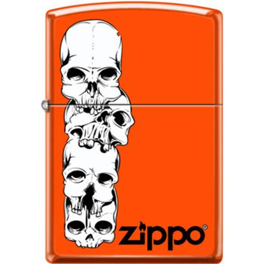 Zippo Lighter - Skulls Stacked With Logo Neon Orange - Lighter USA