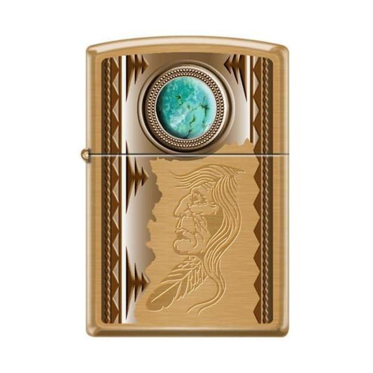 Zippo Lighter - American Indian w/ Turquoise Brush Brass - Lighter USA