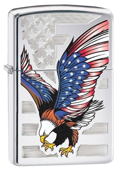 Zippo Lighter - Eagle Flag High Polish Chrome - Lighter USA