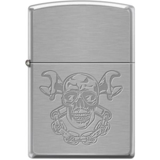 Zippo Lighter - Skull With Wrenches Brushed Chrome - Lighter USA