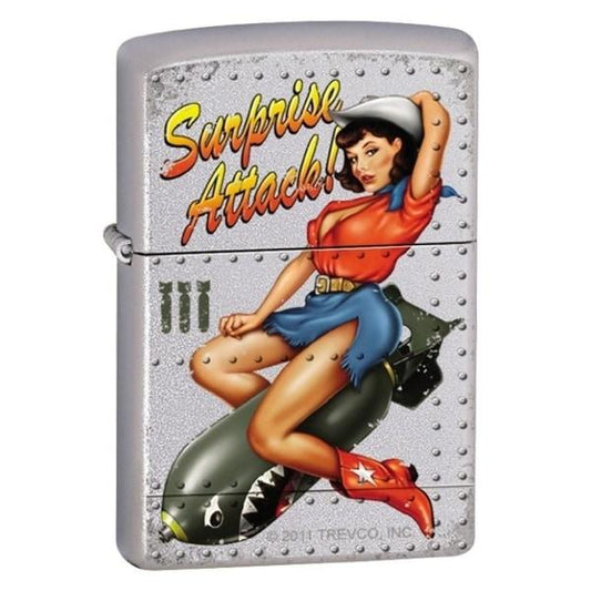 Zippo Lighter - Surprise Attack Pinup Satin Chrome - Lighter USA